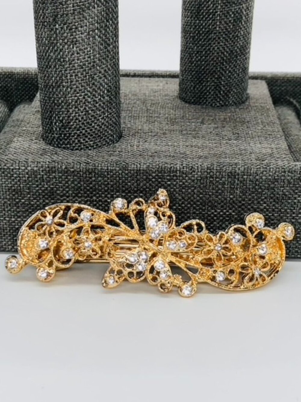 1990's Vintage Hair Barrette, Metal Gold Tone Rhinestone Barrette, Delicate Flor